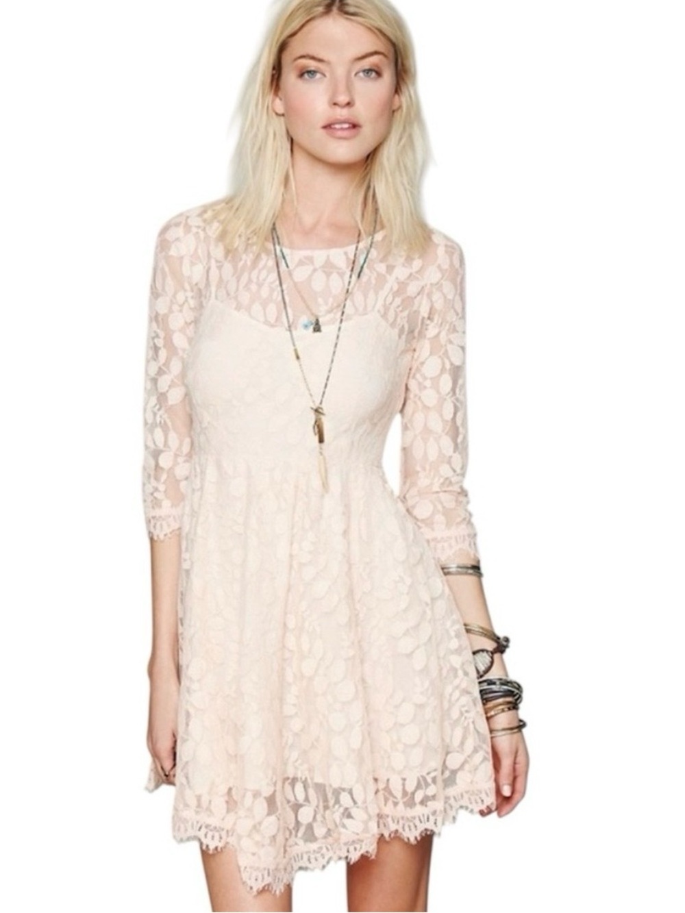 Free People Leaf Lace Mesh Dress Size 12 Blush Pink Boho Asymmetrical Hem